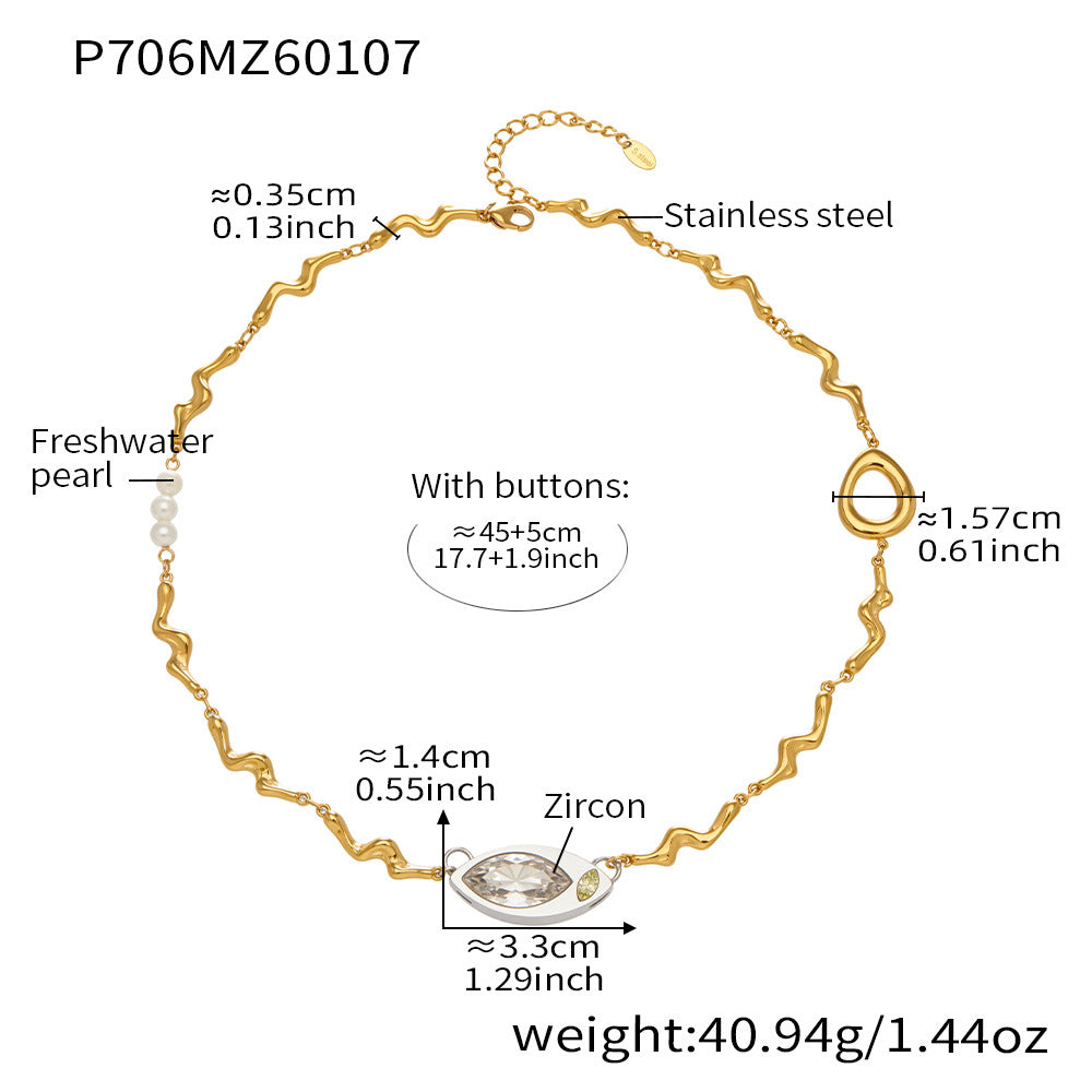 316L Stainless Steel Elegant Marquise Zircon & Freshwater Pearl Clavicle Necklace - Image 3