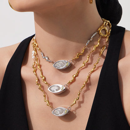 316L Stainless Steel Elegant Marquise Zircon & Freshwater Pearl Clavicle Necklace - Image 4