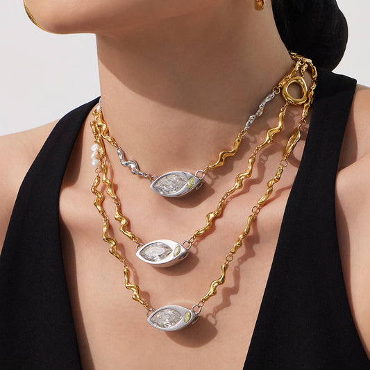 316L Stainless Steel Elegant Marquise Zircon & Freshwater Pearl Clavicle Necklace - Image 4