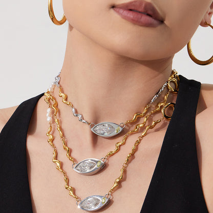 316L Stainless Steel Elegant Marquise Zircon & Freshwater Pearl Clavicle Necklace - Image 5