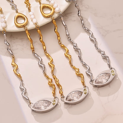 316L Stainless Steel Elegant Marquise Zircon & Freshwater Pearl Clavicle Necklace - Image 7