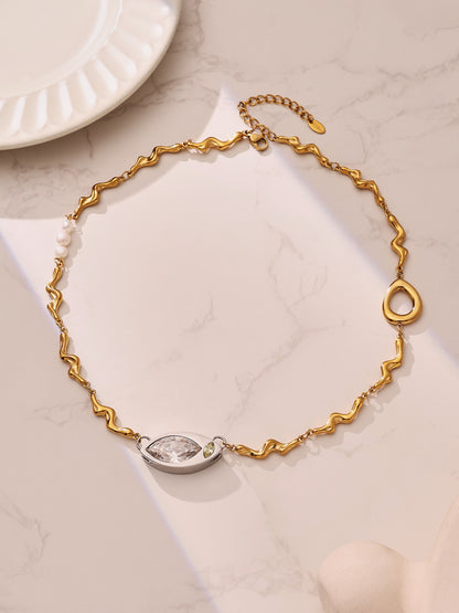 316L Stainless Steel Elegant Marquise Zircon & Freshwater Pearl Clavicle Necklace - Image 8