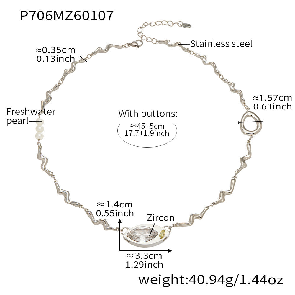 316L Stainless Steel Elegant Marquise Zircon & Freshwater Pearl Clavicle Necklace - Image 9