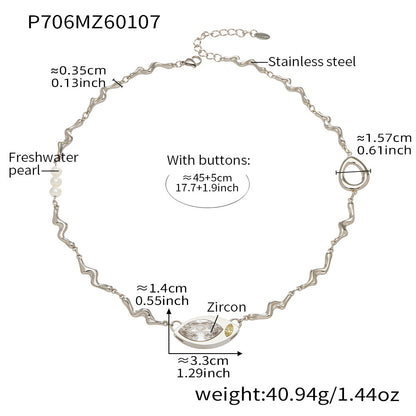 316L Stainless Steel Elegant Marquise Zircon & Freshwater Pearl Clavicle Necklace - Image 9