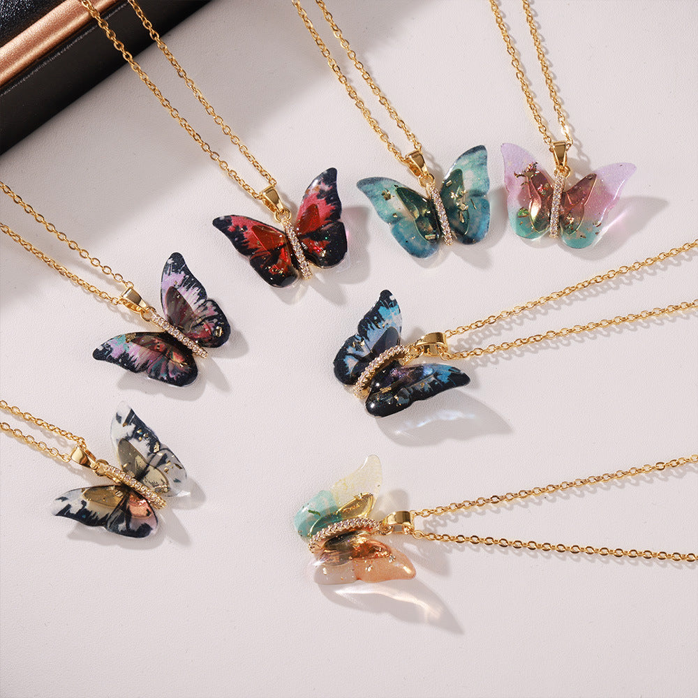 316L Stainless Steel Elegant Multi-color Resin Butterfly Charm Necklace with Zircon Accents - Image 1