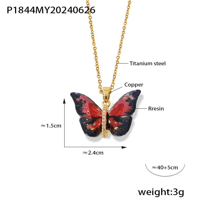 316L Stainless Steel Elegant Multi-color Resin Butterfly Charm Necklace with Zircon Accents - Image 11