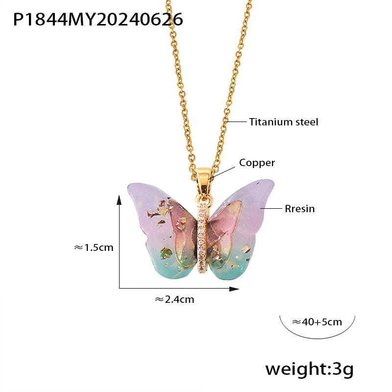 316L Stainless Steel Elegant Multi-color Resin Butterfly Charm Necklace with Zircon Accents - Image 12