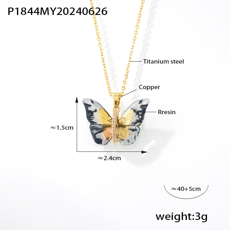 316L Stainless Steel Elegant Multi-color Resin Butterfly Charm Necklace with Zircon Accents - Image 2