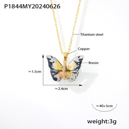 316L Stainless Steel Elegant Multi-color Resin Butterfly Charm Necklace with Zircon Accents - Image 2