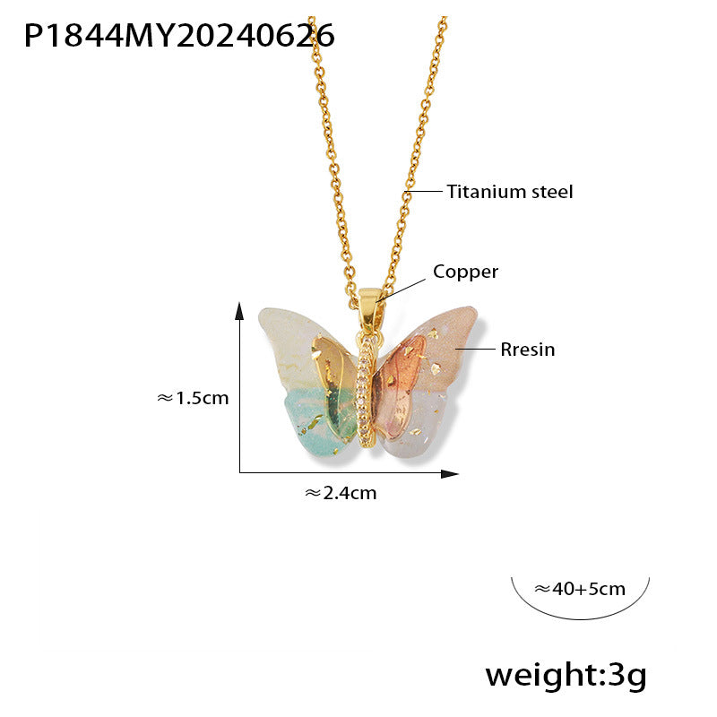 316L Stainless Steel Elegant Multi-color Resin Butterfly Charm Necklace with Zircon Accents - Image 3