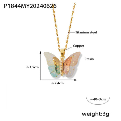 316L Stainless Steel Elegant Multi-color Resin Butterfly Charm Necklace with Zircon Accents - Image 3