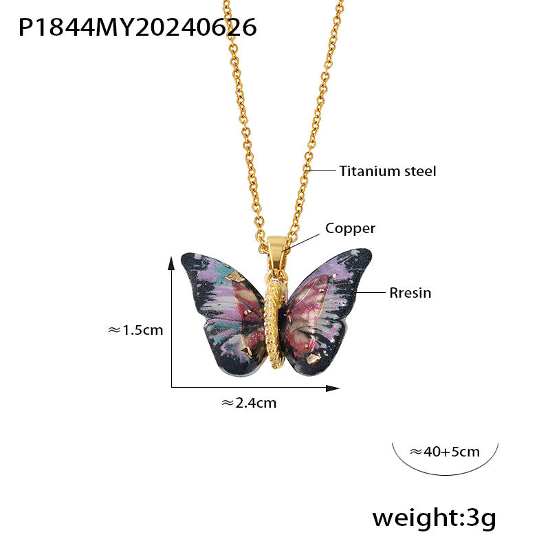 316L Stainless Steel Elegant Multi-color Resin Butterfly Charm Necklace with Zircon Accents - Image 4