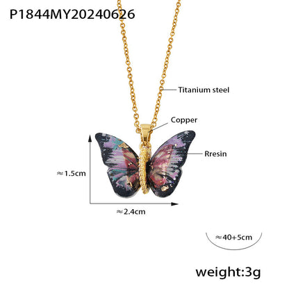 316L Stainless Steel Elegant Multi-color Resin Butterfly Charm Necklace with Zircon Accents - Image 4