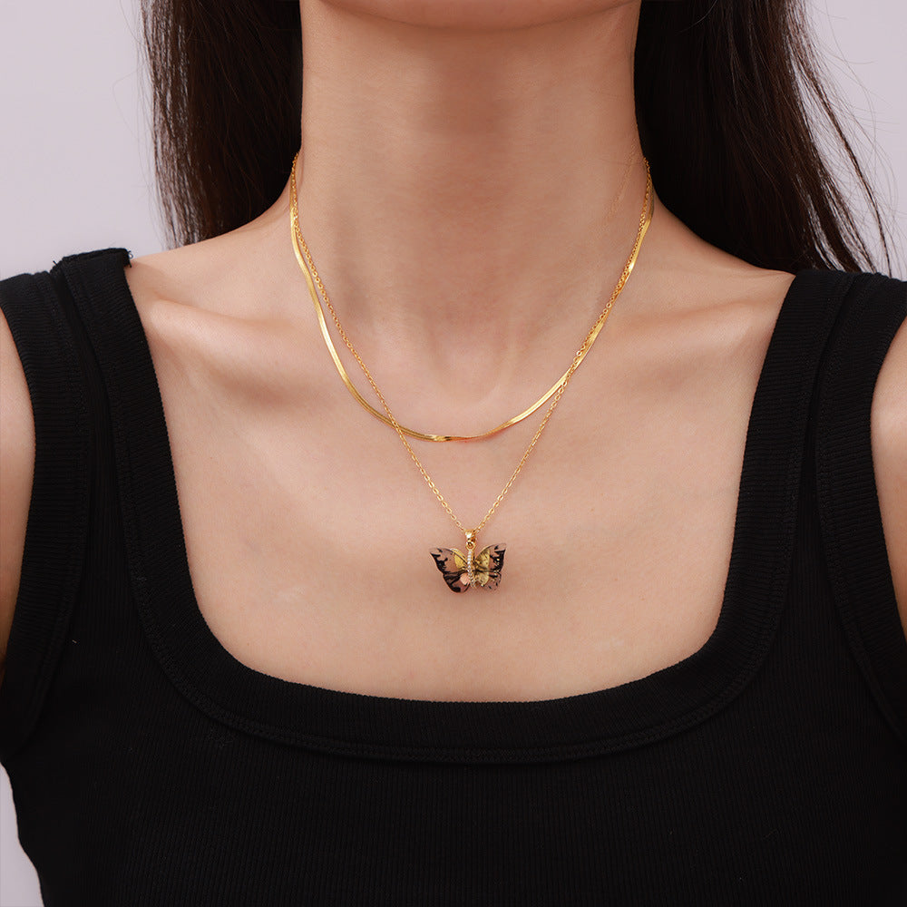 316L Stainless Steel Elegant Multi-color Resin Butterfly Charm Necklace with Zircon Accents - Image 5