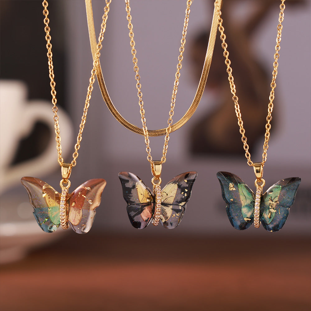 316L Stainless Steel Elegant Multi-color Resin Butterfly Charm Necklace with Zircon Accents - Image 7