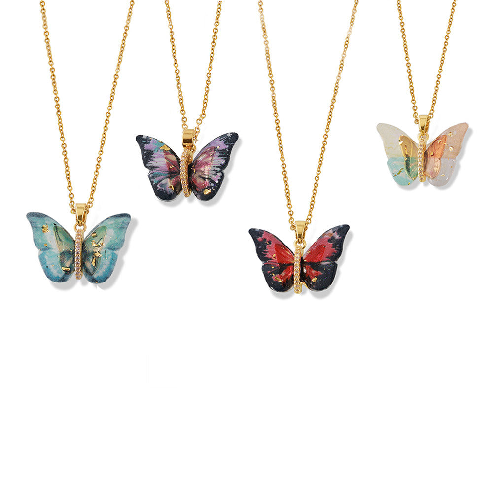 316L Stainless Steel Elegant Multi-color Resin Butterfly Charm Necklace with Zircon Accents - Image 8