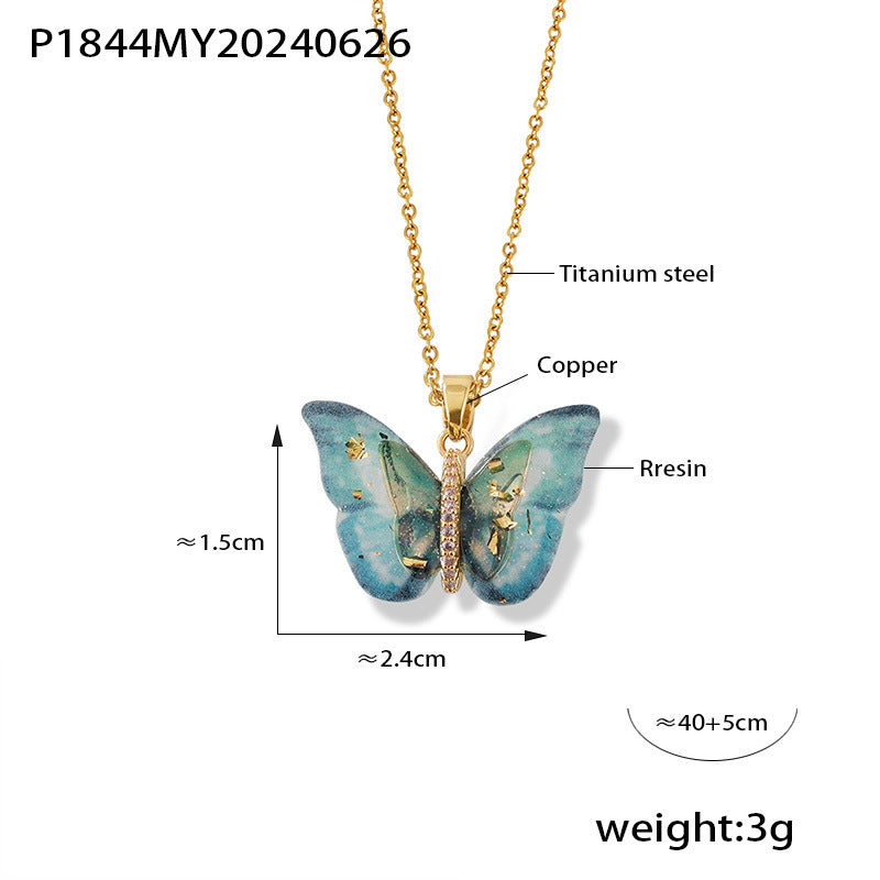 316L Stainless Steel Elegant Multi-color Resin Butterfly Charm Necklace with Zircon Accents - Image 9