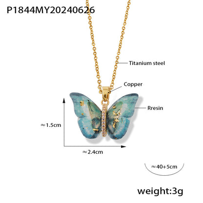 316L Stainless Steel Elegant Multi-color Resin Butterfly Charm Necklace with Zircon Accents - Image 9