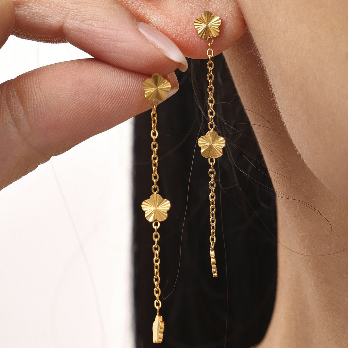 316L Stainless Steel Elegant Small Flower Tassel Necklace & Earrings Set - Image 3