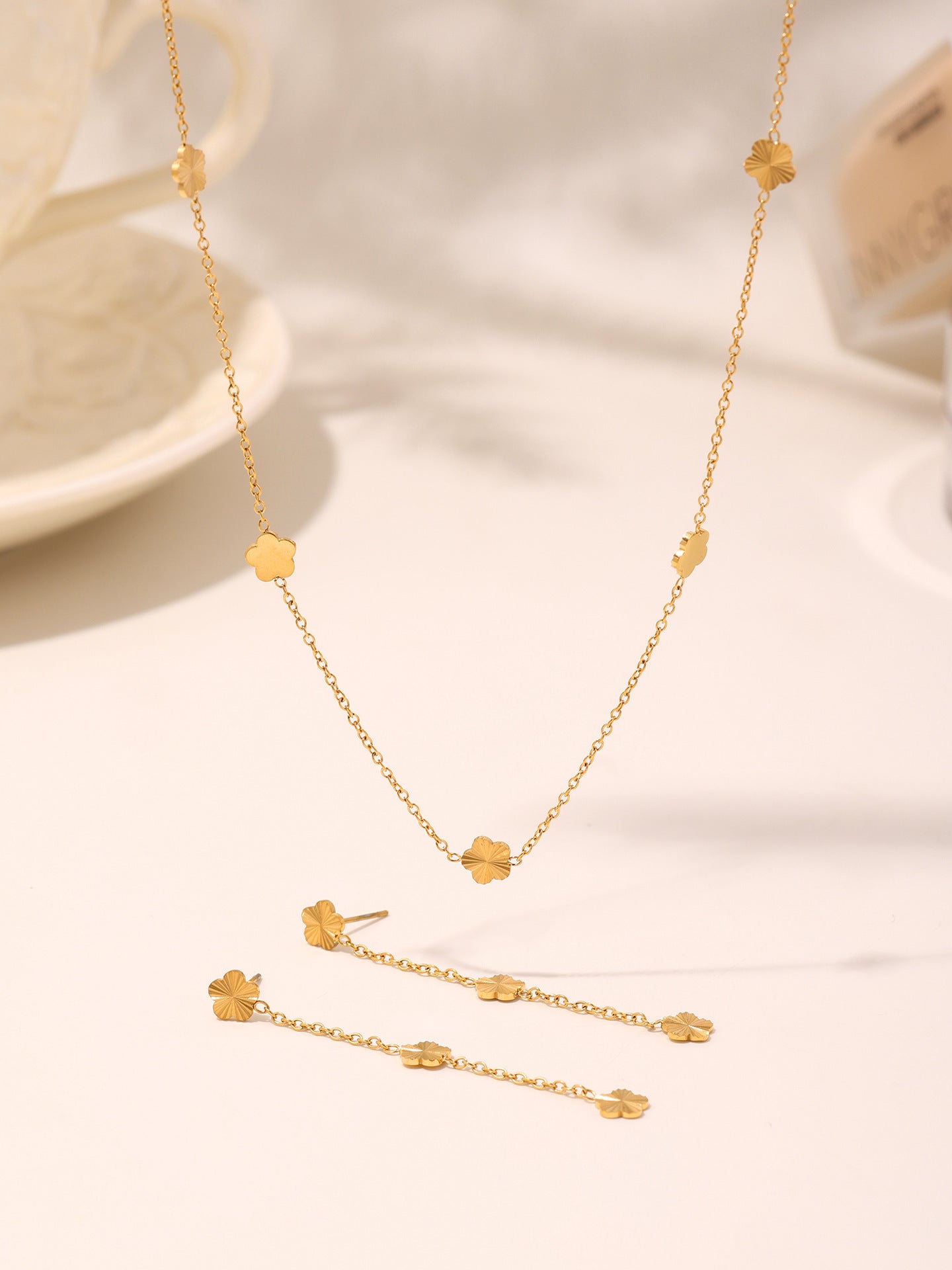 316L Stainless Steel Elegant Small Flower Tassel Necklace & Earrings Set - Image 6