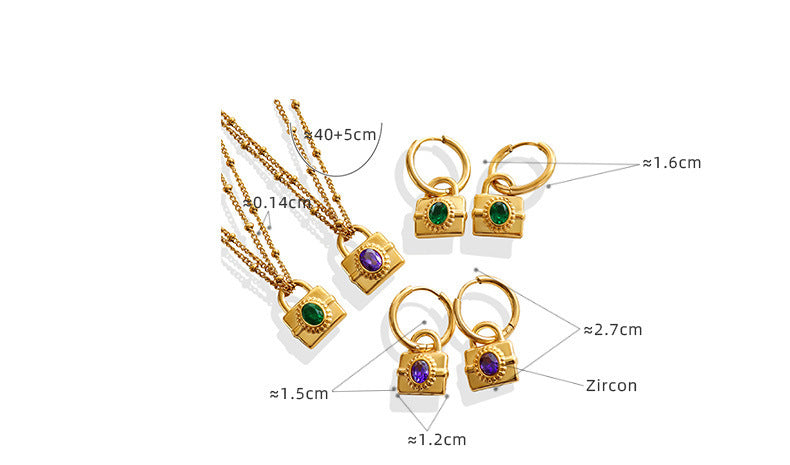 316L Stainless Steel Emerald Cut Zircon Lock Necklace & Earrings - Image 1
