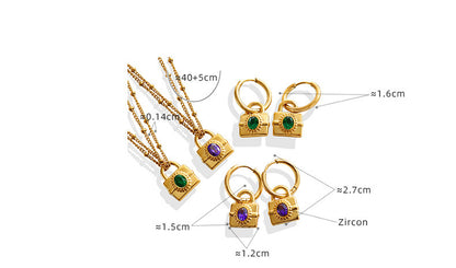 316L Stainless Steel Emerald Cut Zircon Lock Necklace & Earrings - Image 1