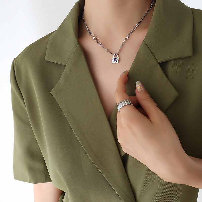 316L Stainless Steel Emerald Cut Zircon Lock Necklace & Earrings - Image 11