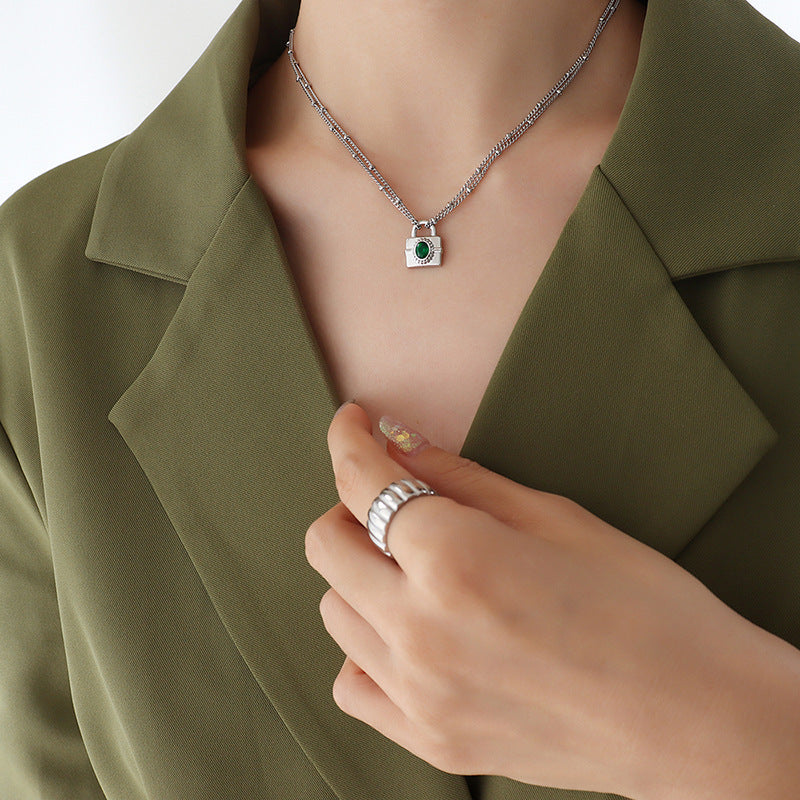 316L Stainless Steel Emerald Cut Zircon Lock Necklace & Earrings - Image 12