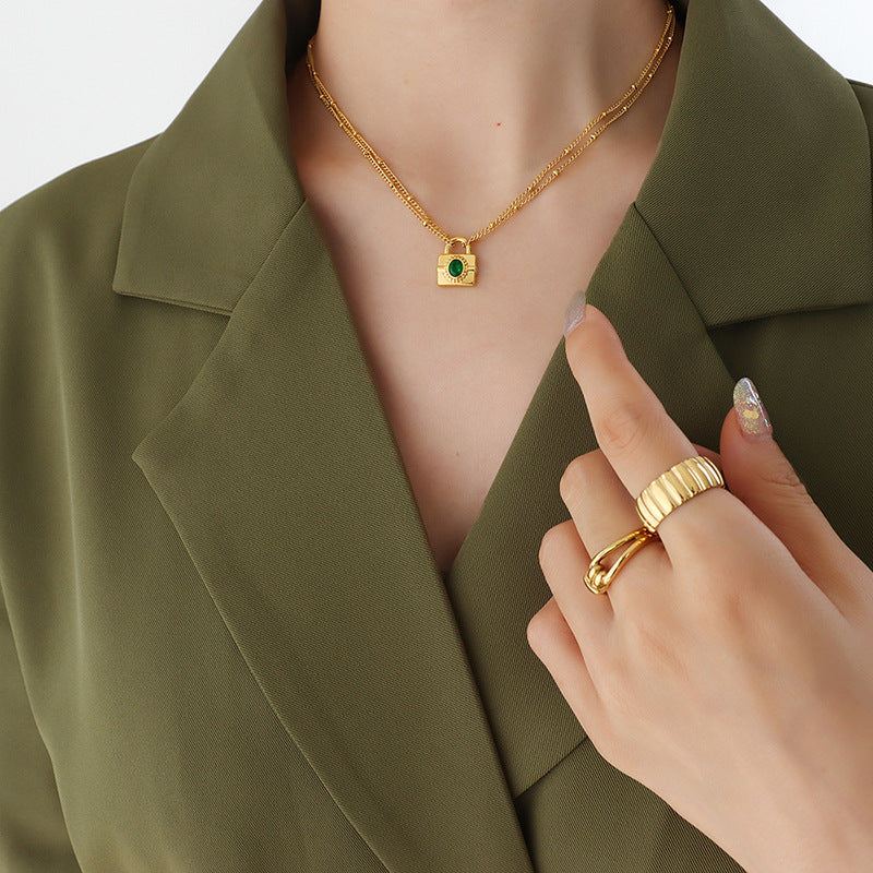 316L Stainless Steel Emerald Cut Zircon Lock Necklace & Earrings - Image 13