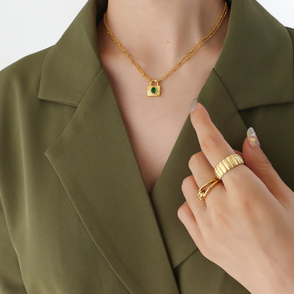 316L Stainless Steel Emerald Cut Zircon Lock Necklace & Earrings - Image 13