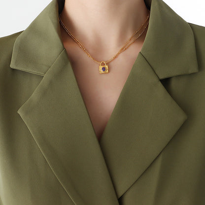 316L Stainless Steel Emerald Cut Zircon Lock Necklace & Earrings - Image 14