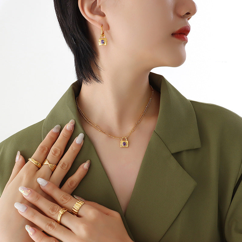 316L Stainless Steel Emerald Cut Zircon Lock Necklace & Earrings - Image 3