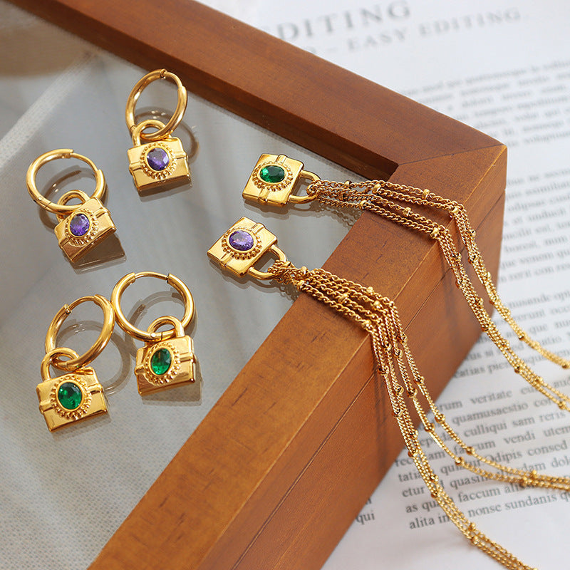 316L Stainless Steel Emerald Cut Zircon Lock Necklace & Earrings - Image 4