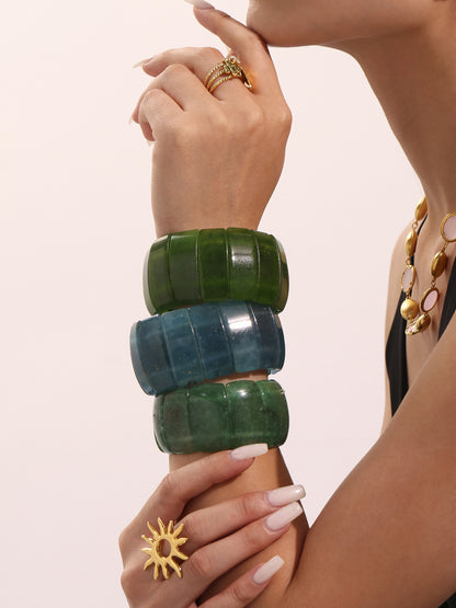 316L Stainless Steel Emerald Green Wide Natural Stone Elastic Bracelet - Image 12