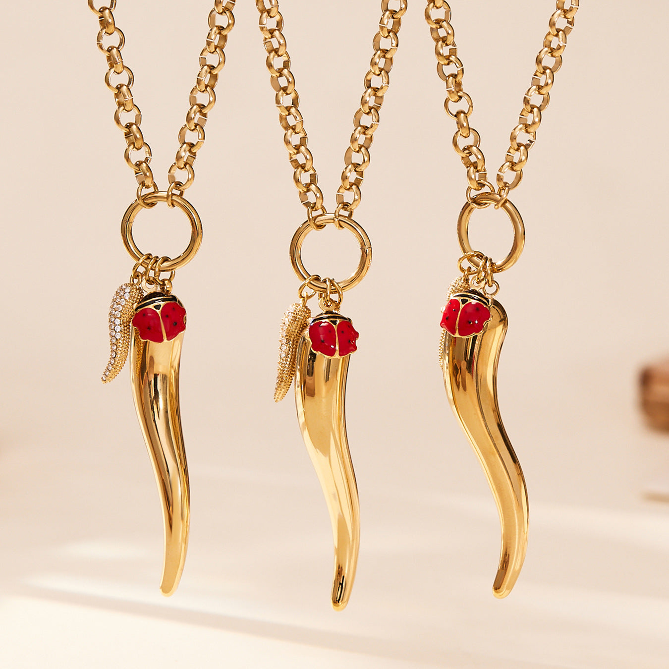 316L Stainless Steel Enamel Chili Pepper & Ladybug Pendant Necklace - Image 1