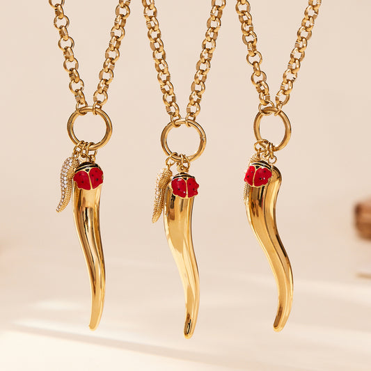 316L Stainless Steel Enamel Chili Pepper & Ladybug Pendant Necklace - Image 1