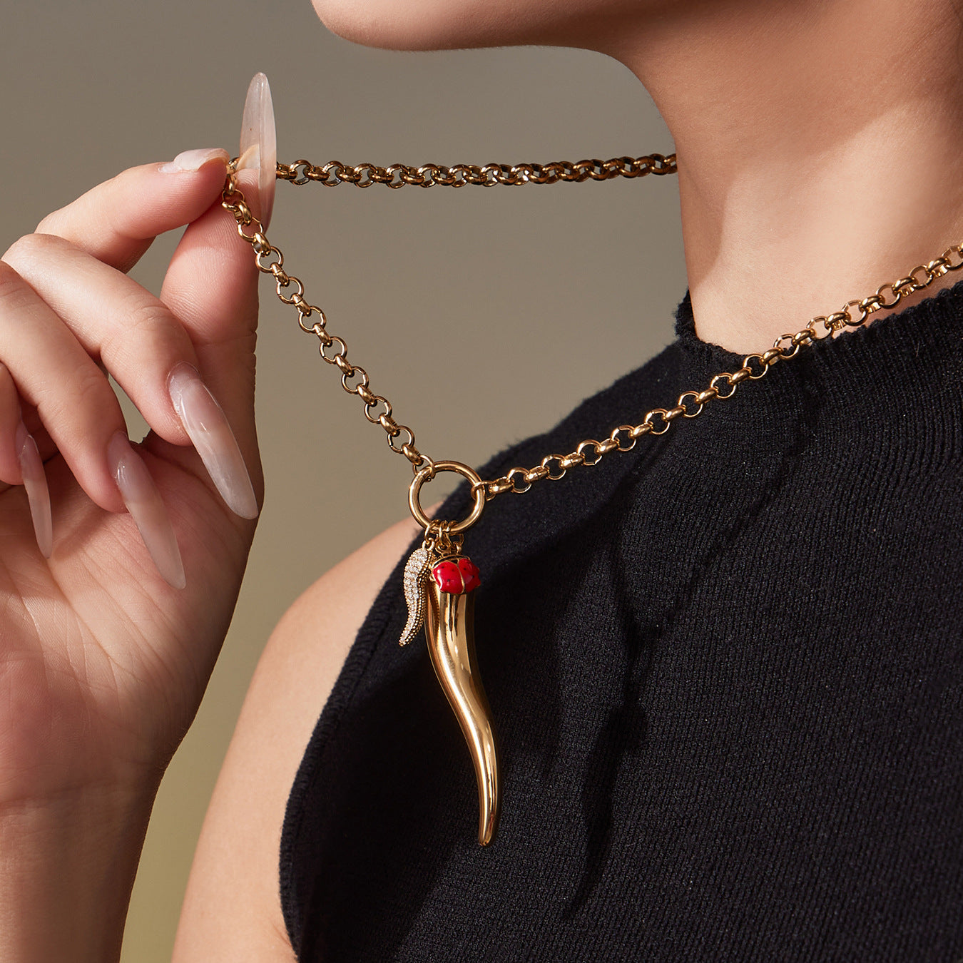 316L Stainless Steel Enamel Chili Pepper & Ladybug Pendant Necklace - Image 2