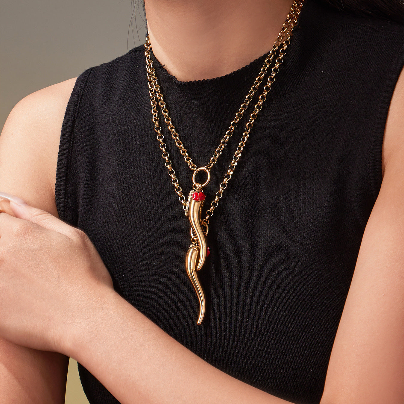 316L Stainless Steel Enamel Chili Pepper & Ladybug Pendant Necklace - Image 3