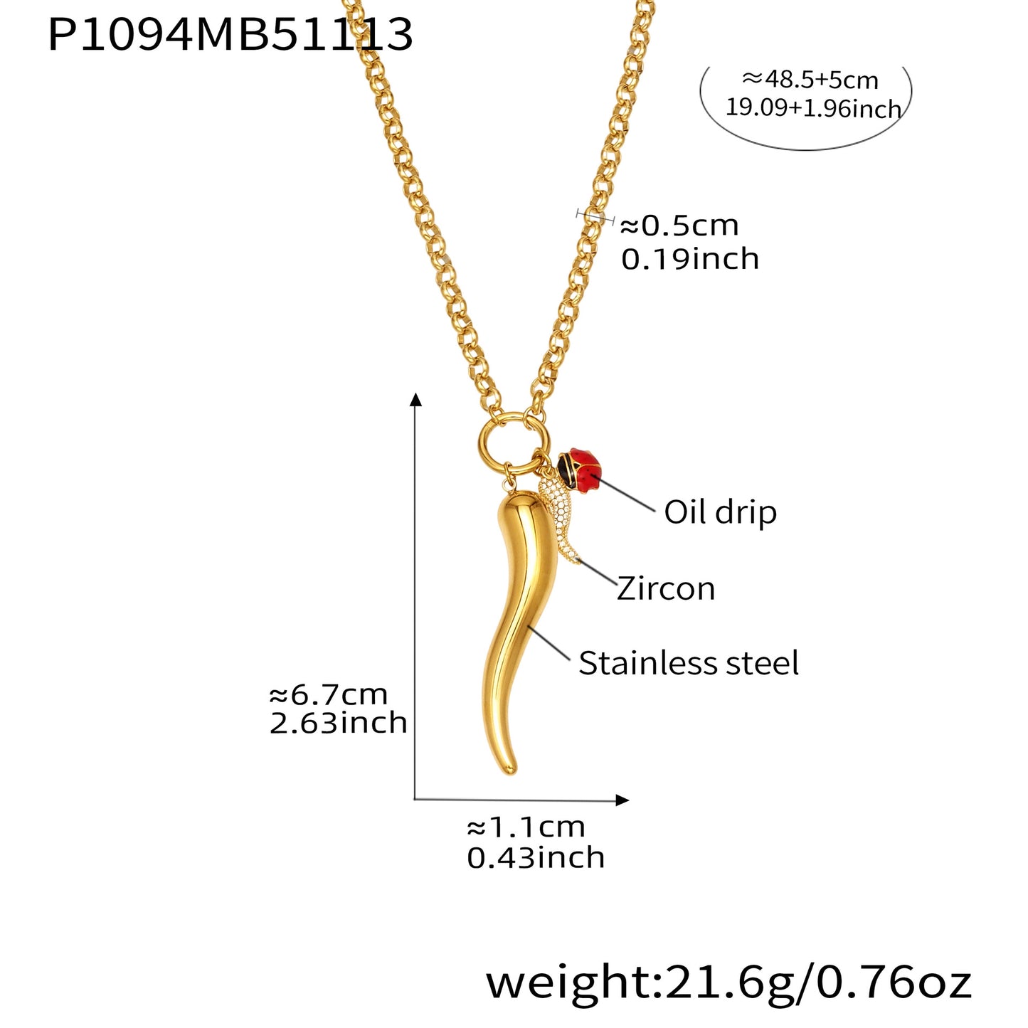 316L Stainless Steel Enamel Chili Pepper & Ladybug Pendant Necklace - Image 5