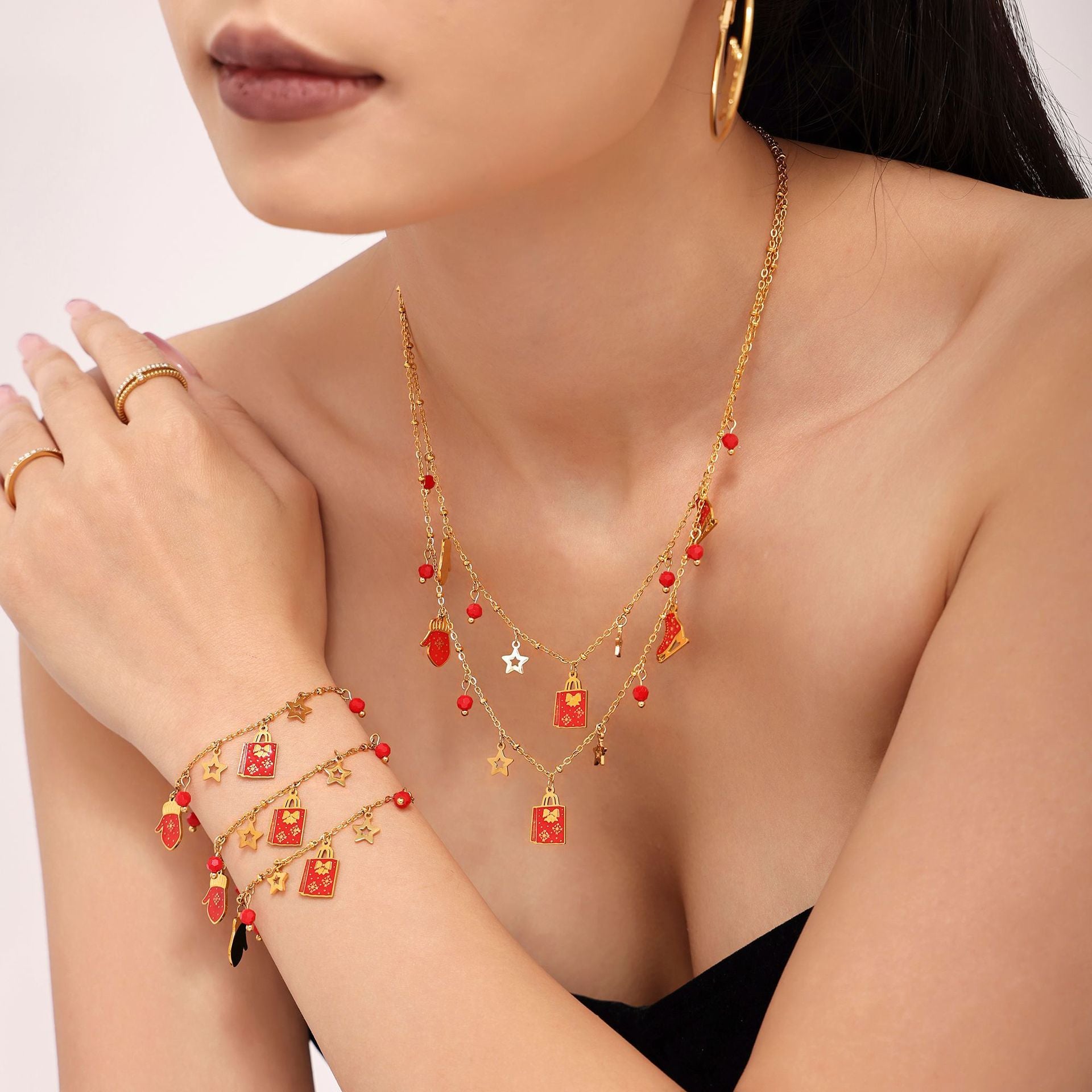 316L Stainless Steel Enamel Christmas Element 18K Gold Plated Pendant Necklace & Bracelet Set - Image 1