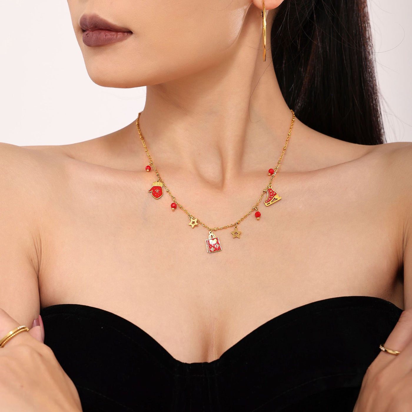 316L Stainless Steel Enamel Christmas Element 18K Gold Plated Pendant Necklace & Bracelet Set - Image 2