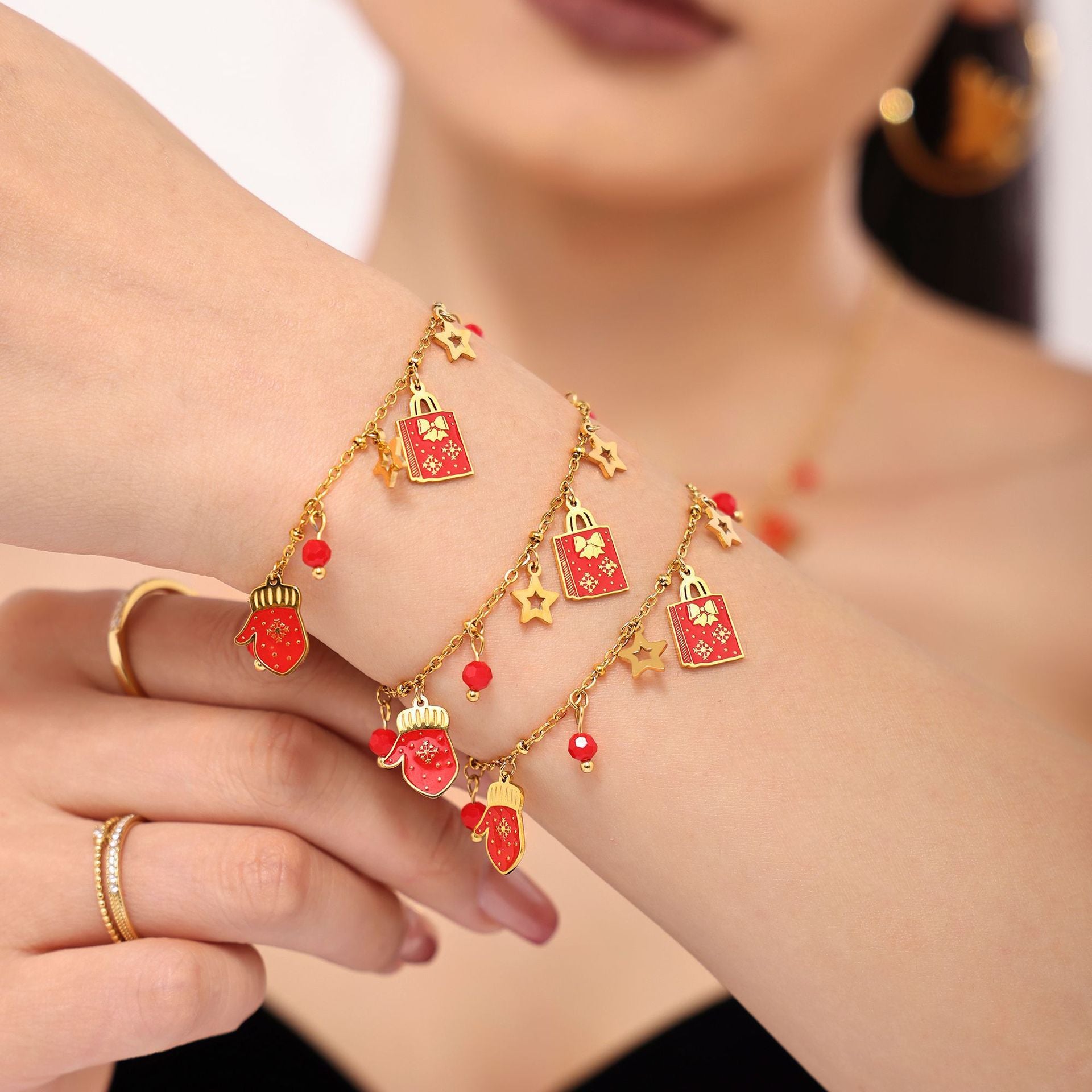 316L Stainless Steel Enamel Christmas Element 18K Gold Plated Pendant Necklace & Bracelet Set - Image 3