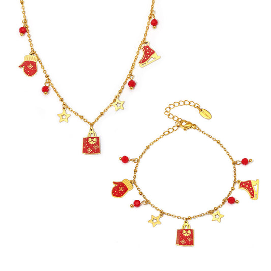 316L Stainless Steel Enamel Christmas Element 18K Gold Plated Pendant Necklace & Bracelet Set - Image 6