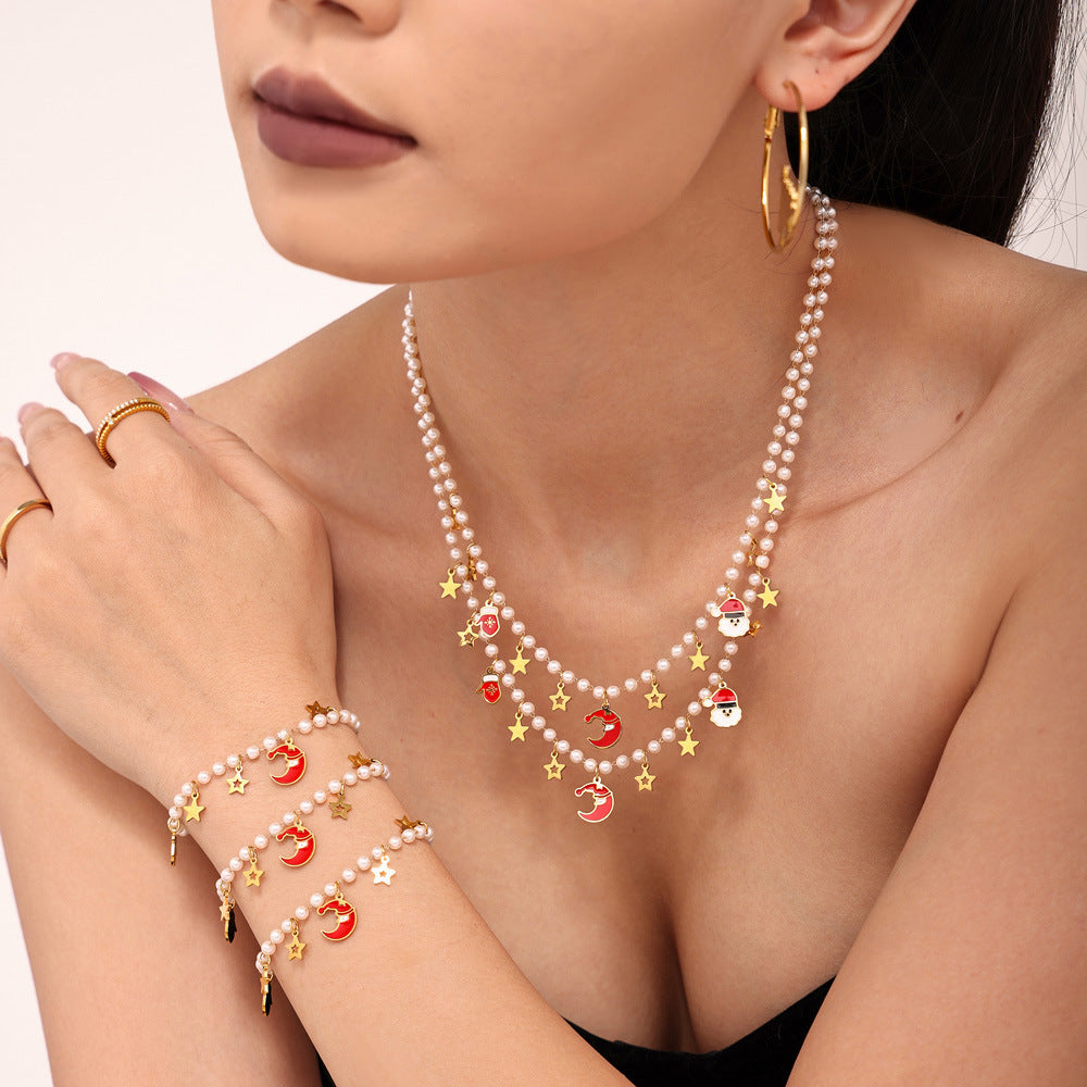 316L Stainless Steel Enamel Christmas Shell Pearl Pendant Necklace & Bracelet Set - Image 1
