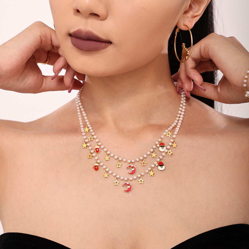 316L Stainless Steel Enamel Christmas Shell Pearl Pendant Necklace & Bracelet Set - Image 2