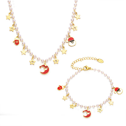 316L Stainless Steel Enamel Christmas Shell Pearl Pendant Necklace & Bracelet Set - Image 5