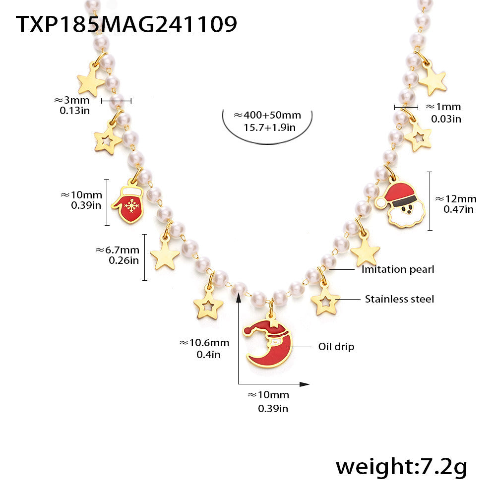 316L Stainless Steel Enamel Christmas Shell Pearl Pendant Necklace & Bracelet Set - Image 6