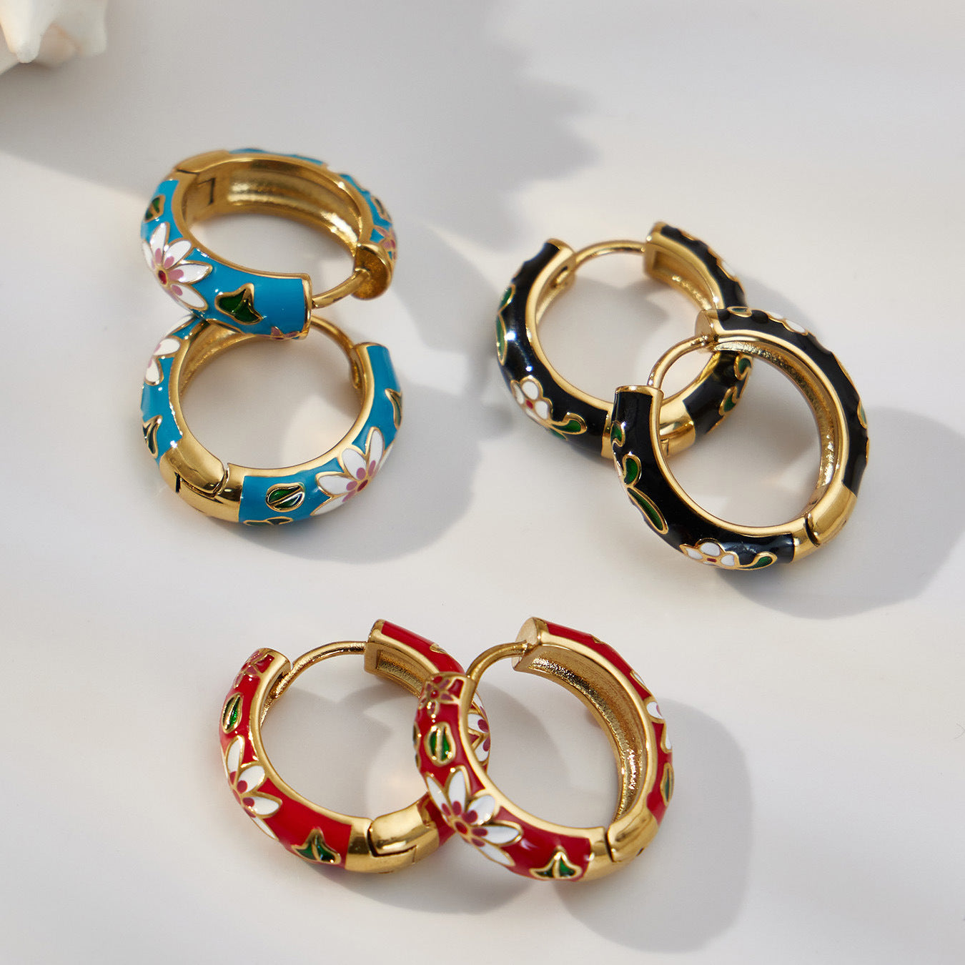 316L Stainless Steel Bohemian Enamel Floral Hoop Earrings