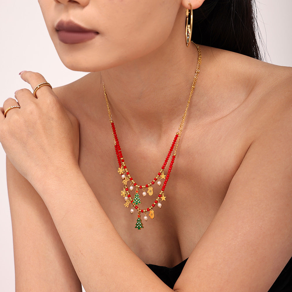 316L Stainless Steel Enamel Glaze Zircon Geometric Christmas Tree Pendant Necklace - Image 1