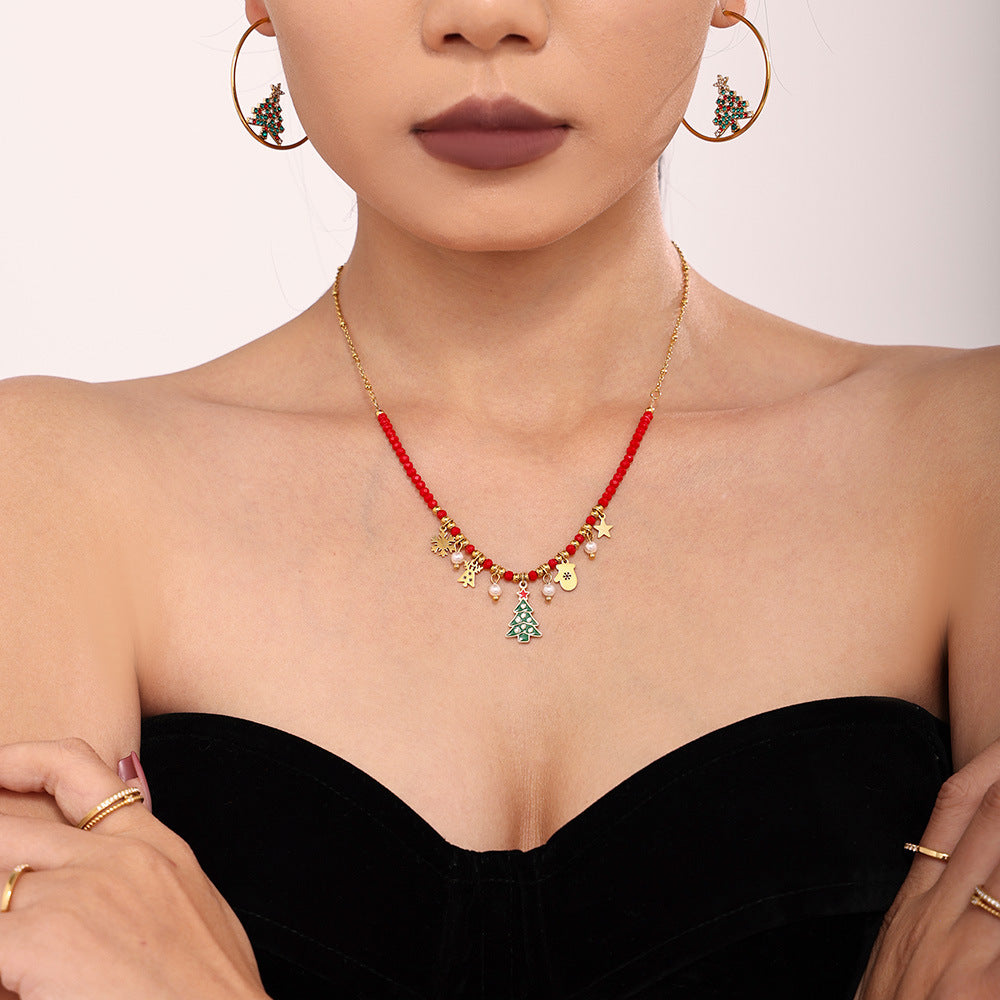 316L Stainless Steel Enamel Glaze Zircon Geometric Christmas Tree Pendant Necklace - Image 2